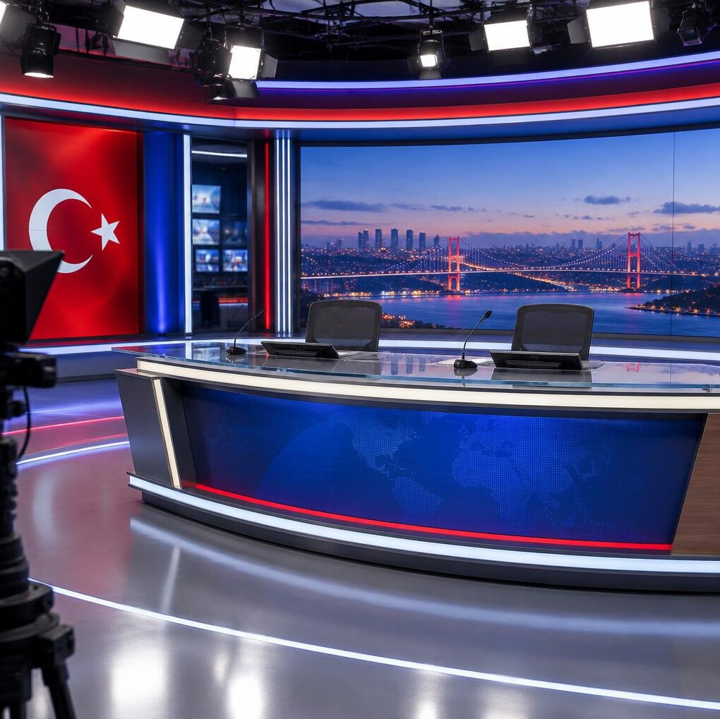 News anchor desk with microphones ready for broadcast